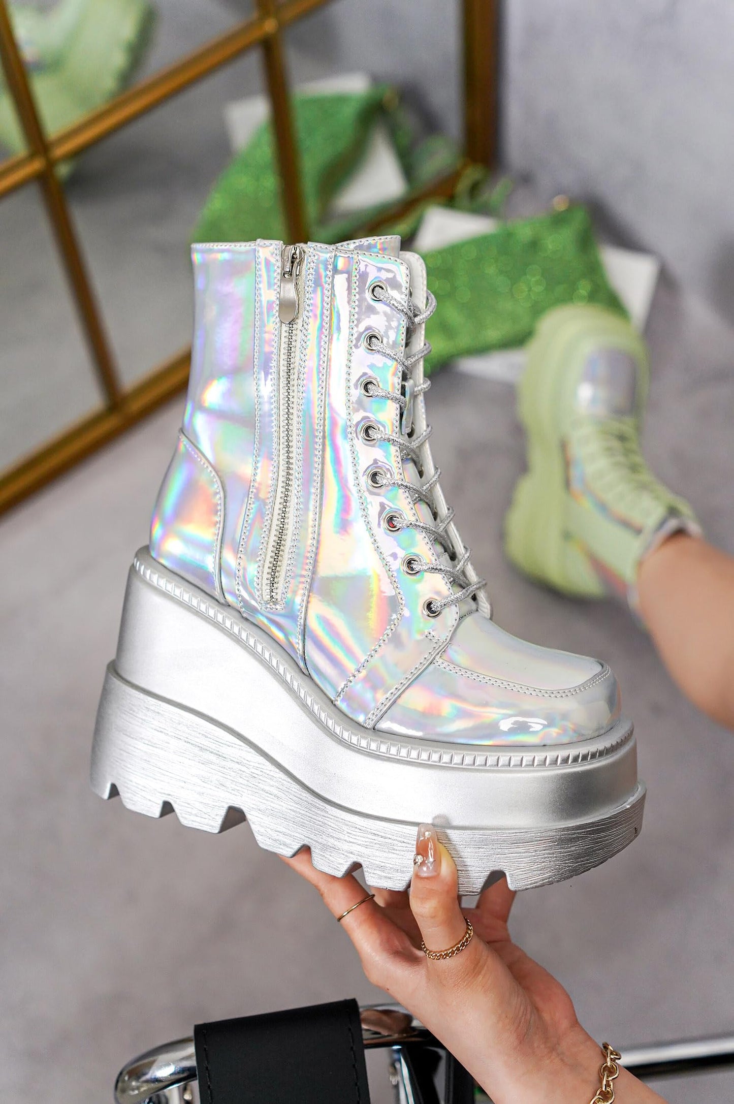 Cape Robbin Holographic Platform Ankle Boots for Women Chunky Block Heels Pointed Toe PU Leather with Buckle Strap Retro Futuristic Style (Radio) - Holographic Size 11