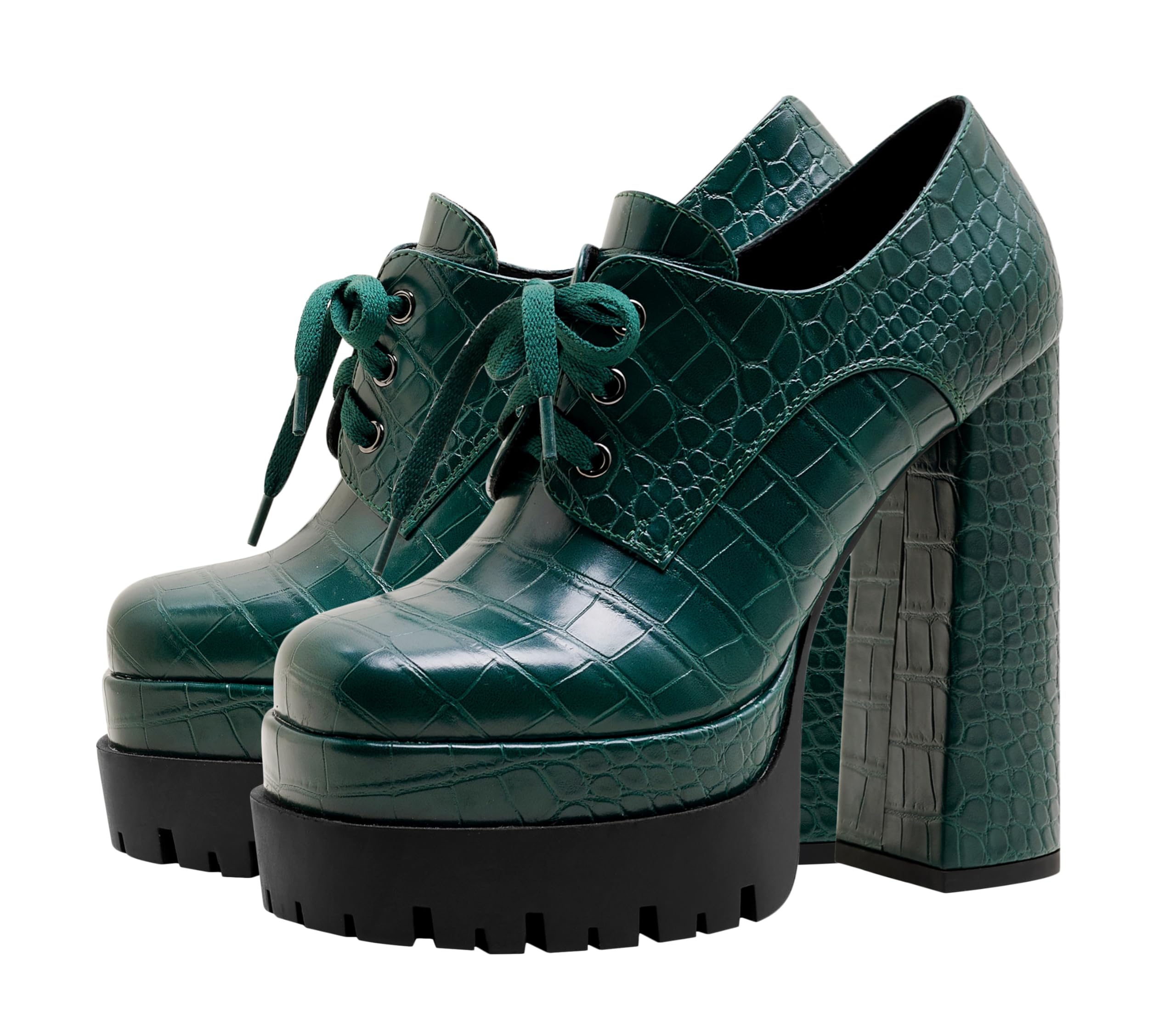 Jaffamiraco Women's Gothic Chunky High Heel Sexy Platform Pumps Black Green Pattern Shoes Lace Up Ankle Boots