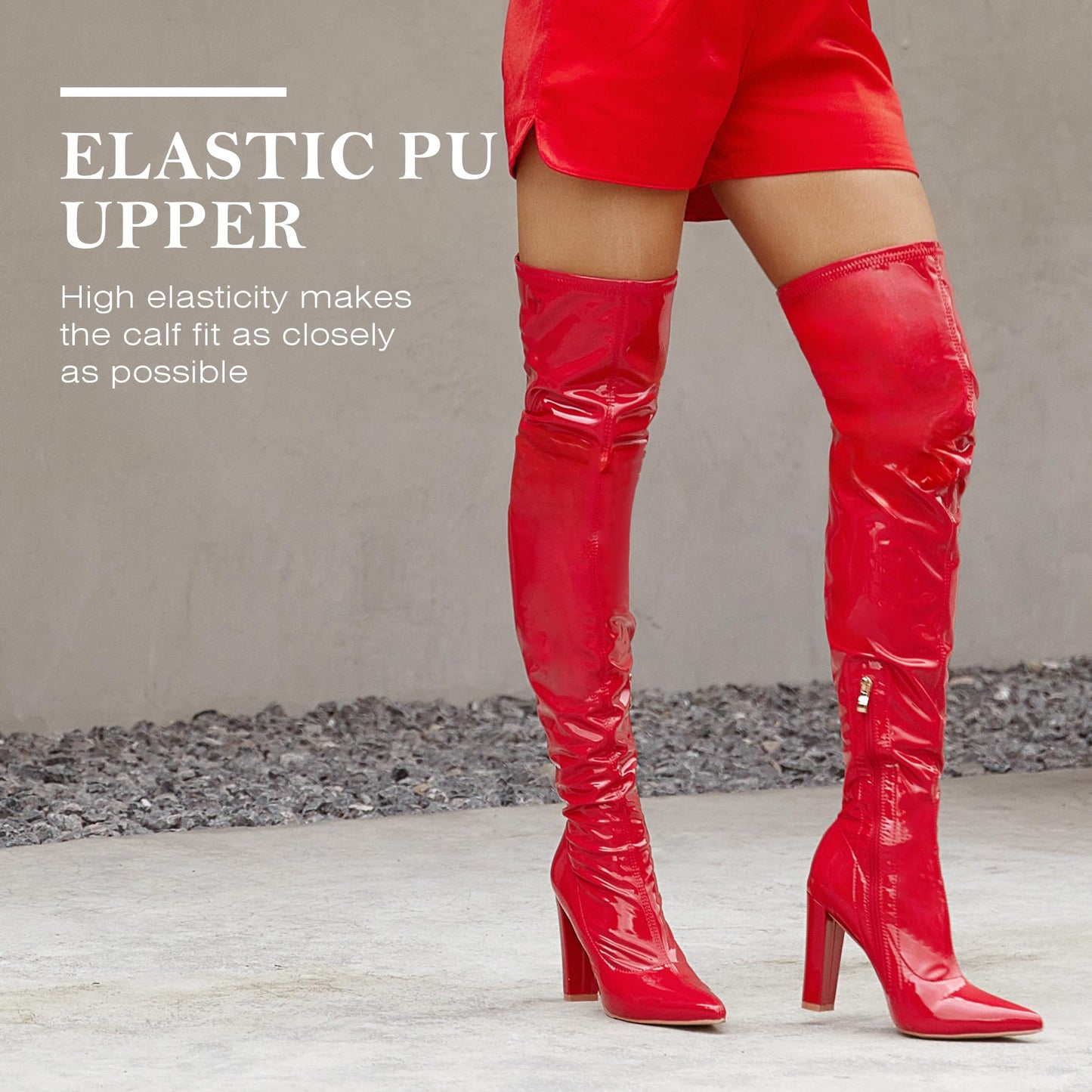 WSKEISP Red GoGo Boots for Women Thigh High Leather Over The Knee High Boots 70s Pointed Toe Sexy Dress Long Fall Winter