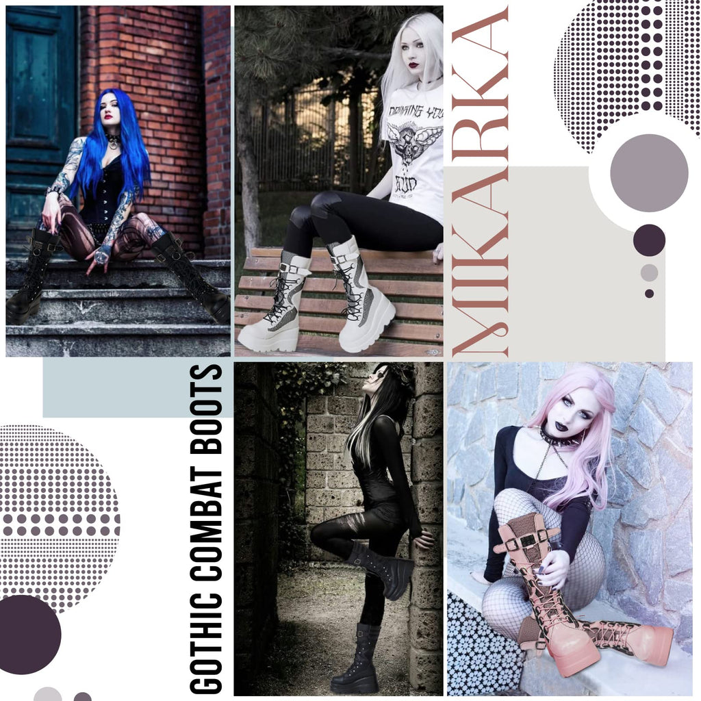 White mikarka Womens Holographic Platform Mid Calf Wedge Combat Boots