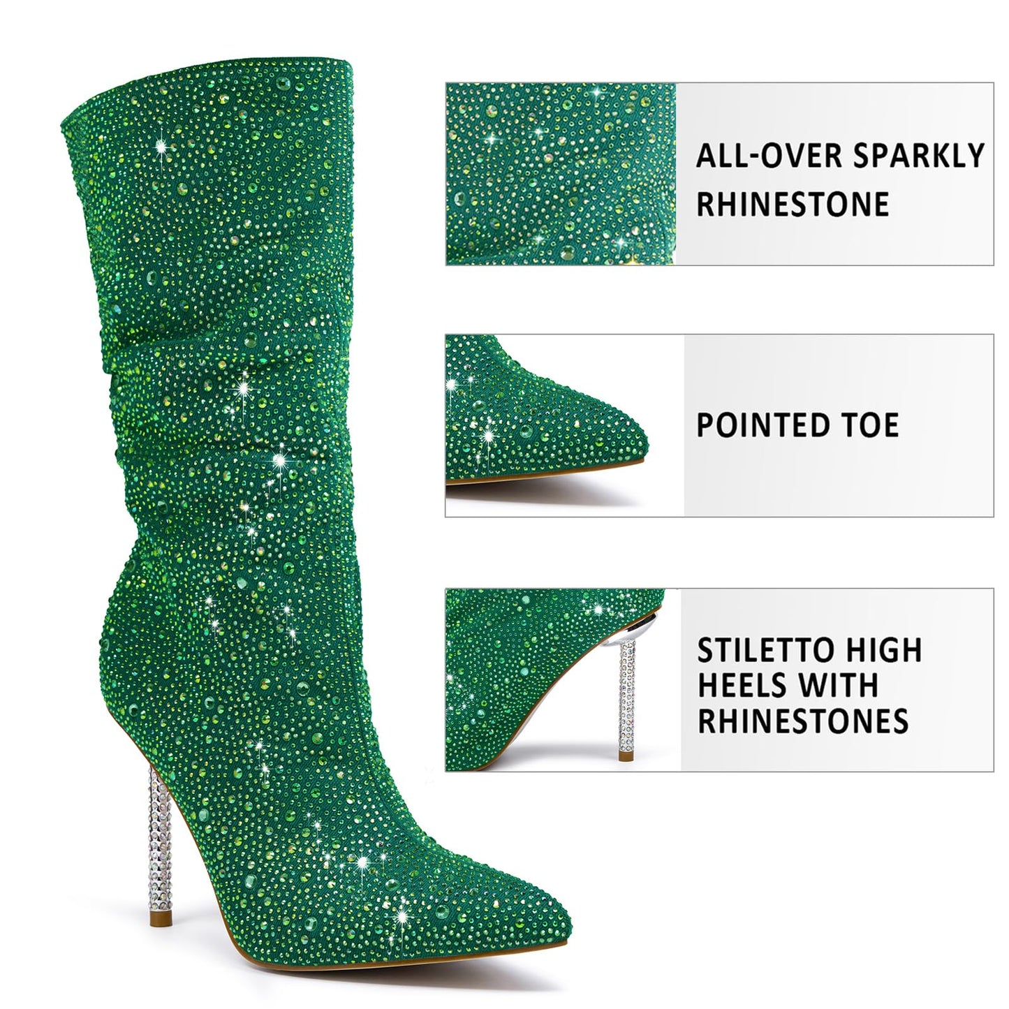 driceic Women's Green Mid Calf Boots sparkly Rhinestone Stiletto Heel Boots Western Wide Calf Short Cowboy Boots Sexy Pointed Toe dress Party Boots