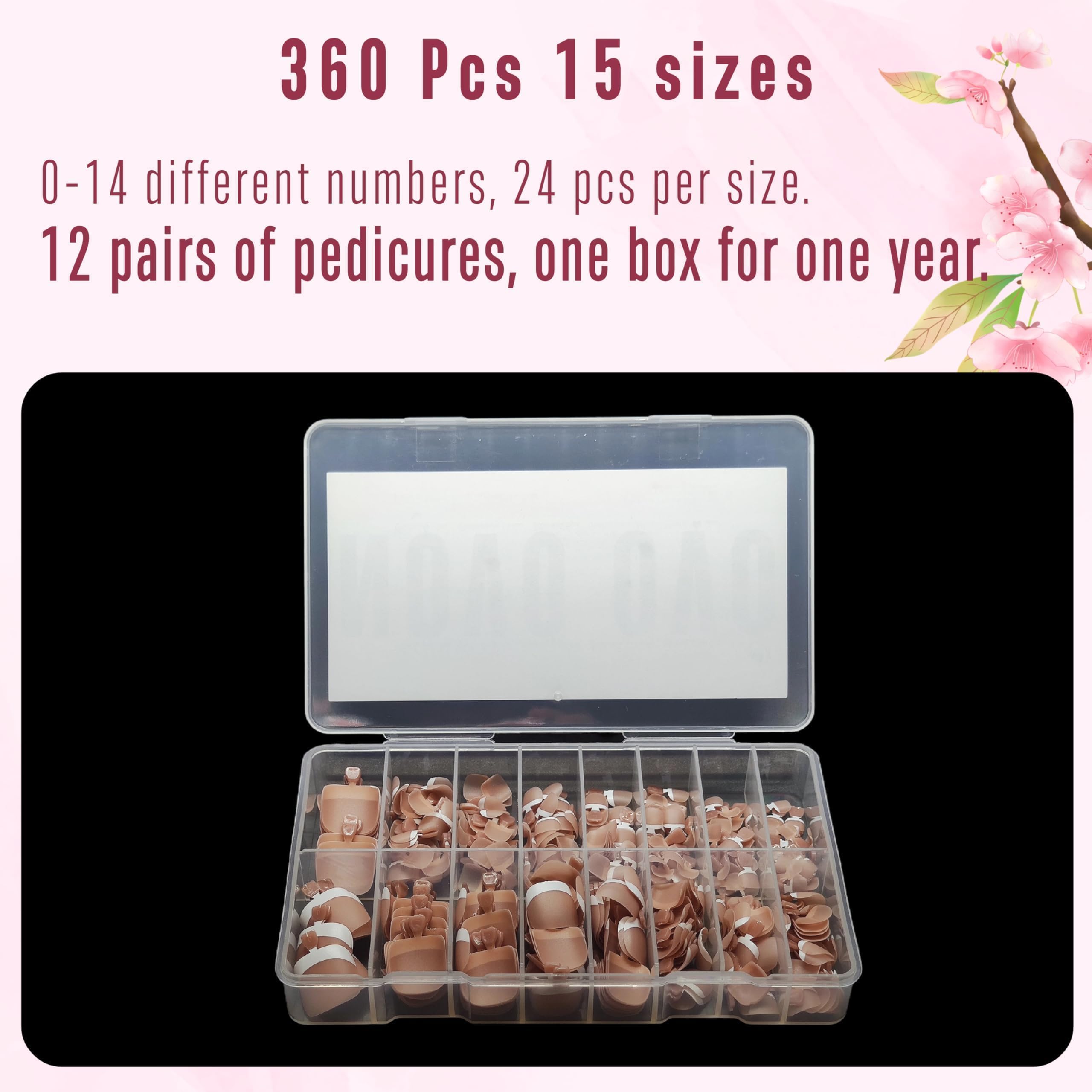 NOVO OVO Fake Toe Nail Tips Press on, French Tip Soft Gel Toenail Extension, BROWN PINK Square Round Pre-applied Tip Primer & Base Coat, Full Cover Matte False Nails for DIY x 15 Sizes 360Pcs