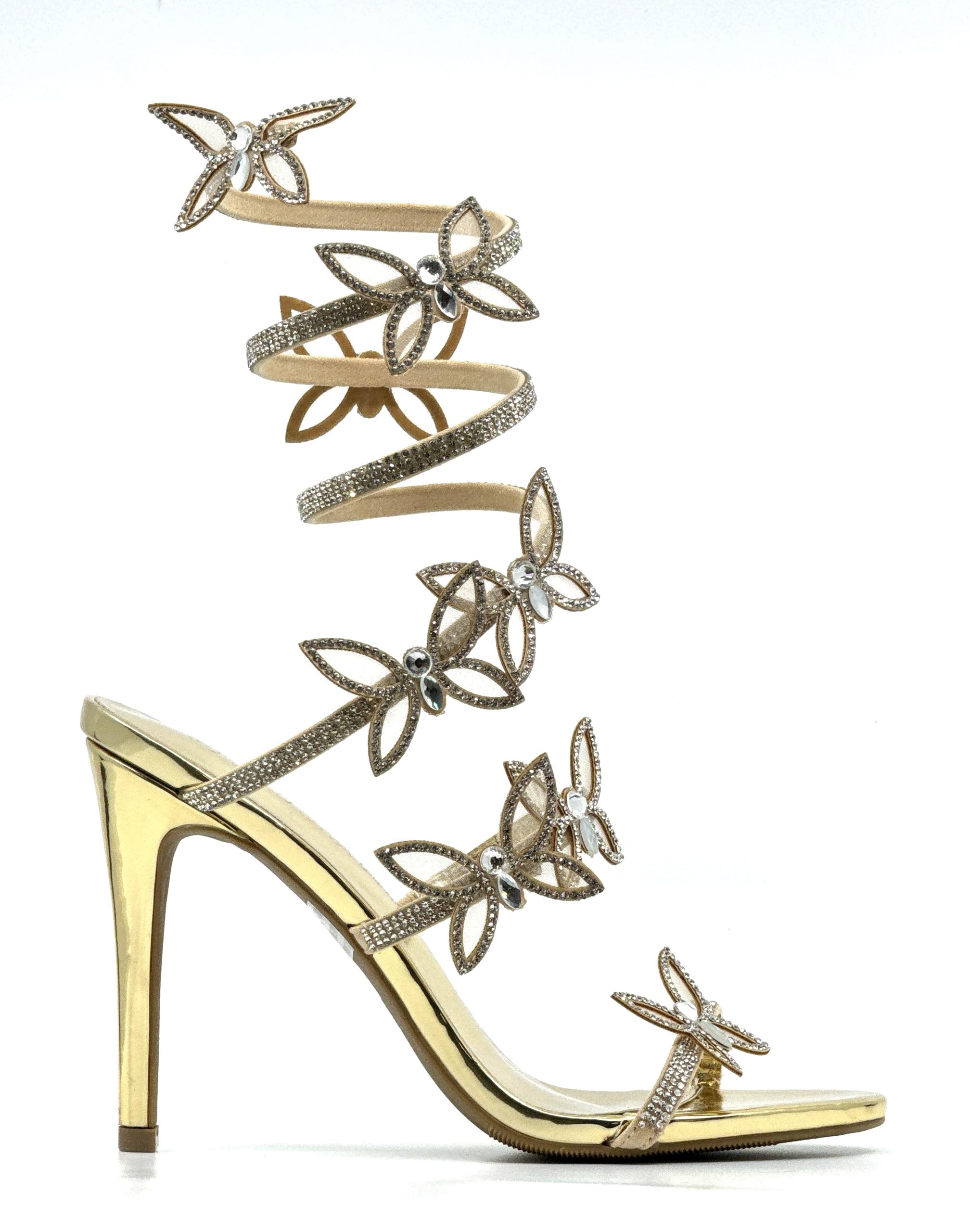 Wild Diva Women Rhinestone Butterfly Spiral Wrap Around High Heel Sandals Berlin-527 Gold Pu