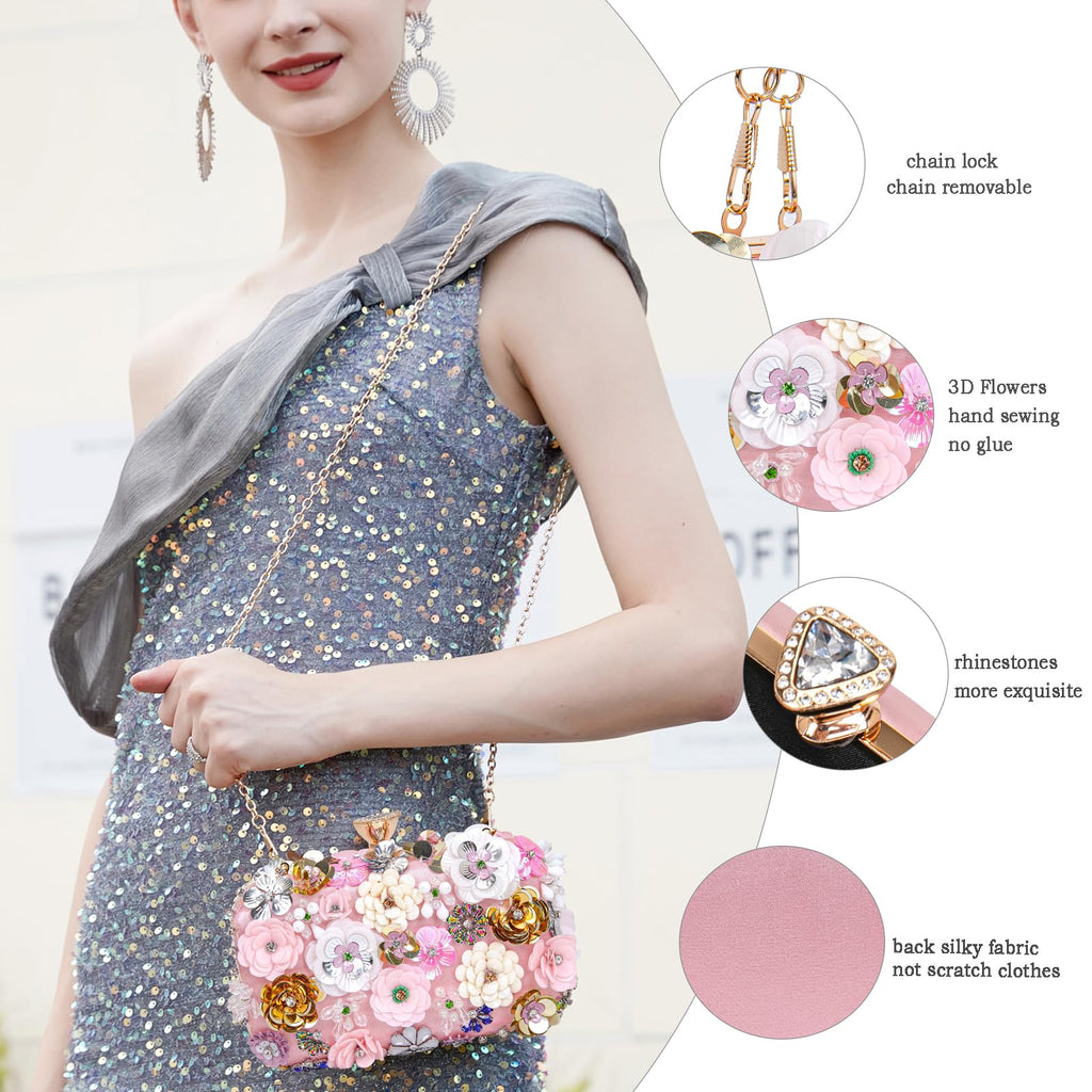 BBTT.ful Women Clutches Flower Evening Handbags Chain Strap Shoulder Bag Wedding bag purse (Pink)