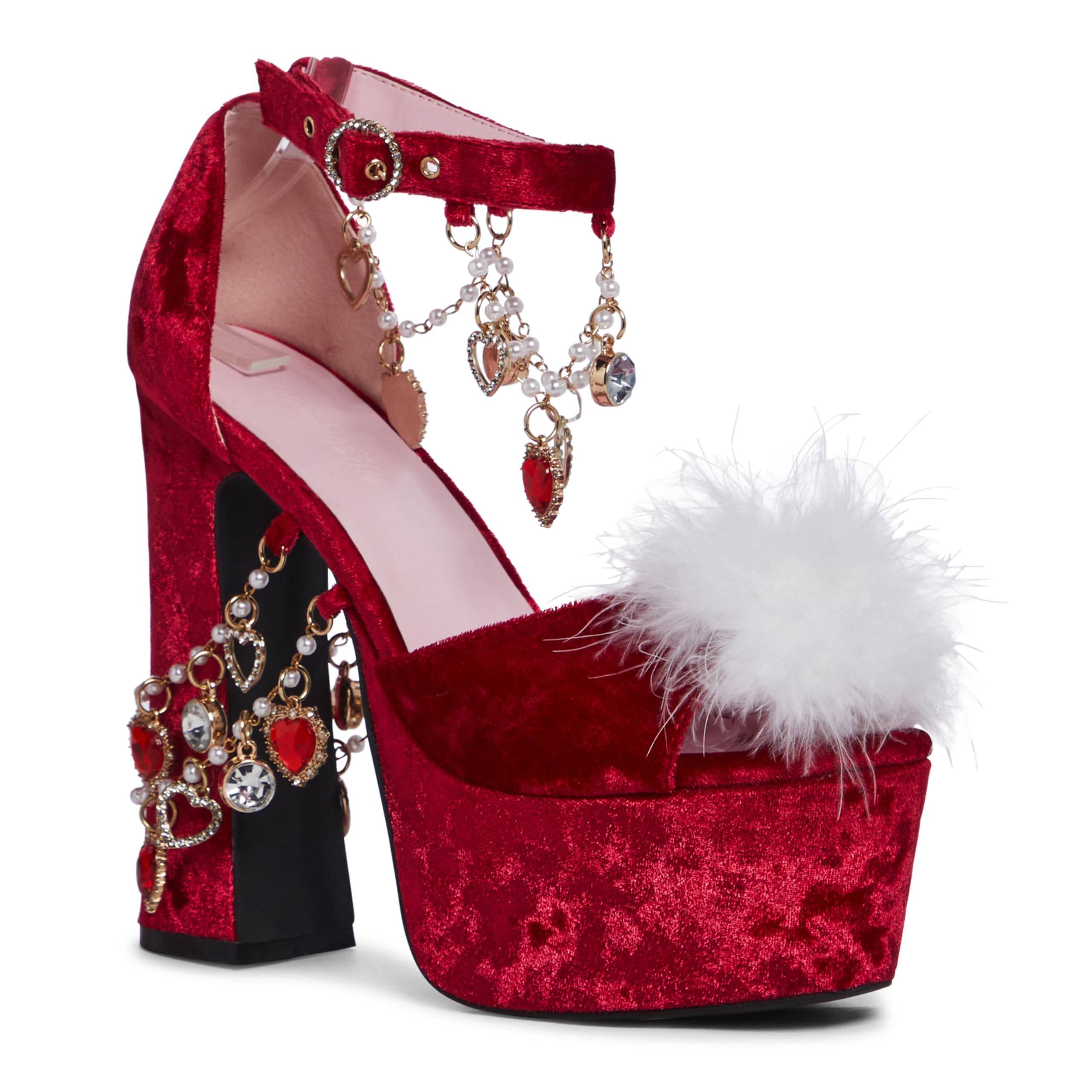 Dolls Kill Holy Revelation Platform Heels by Sugar Thrillz - Crushed Velvet Holiday Heels with Charms and Pom Pom Clips - Ruby, 10