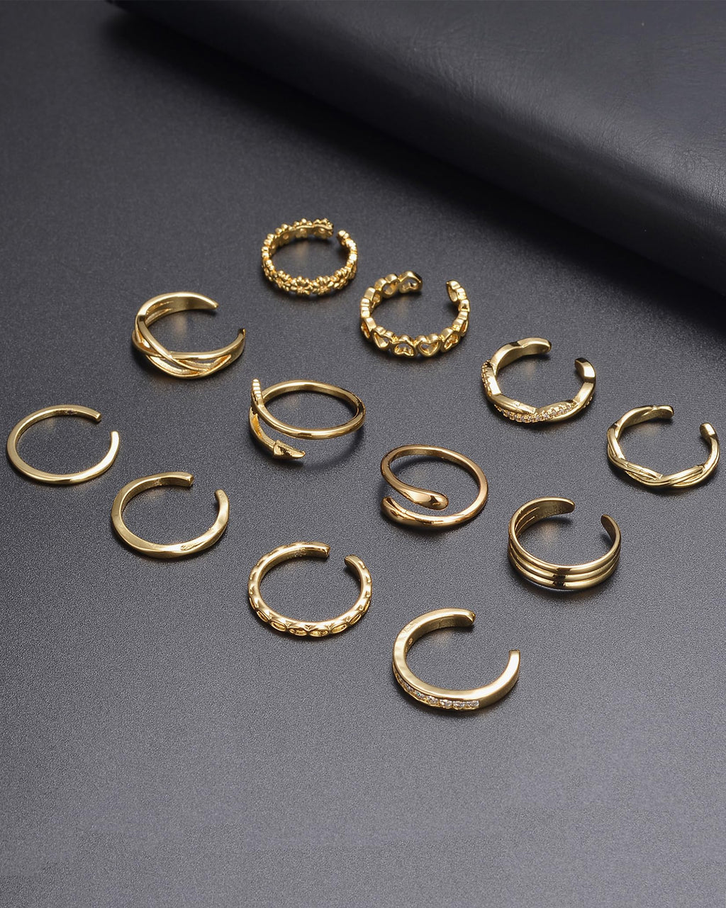 Ofeiyaa 12PCS 18k Gold Plated Open Toe Rings CZ Wave Twist Arrow Celtic Knot Heart Thin Band Ring Knuckle Finger Stacking Tail Ring Pack Beach Foot Jewelry Set For Women Adjustable