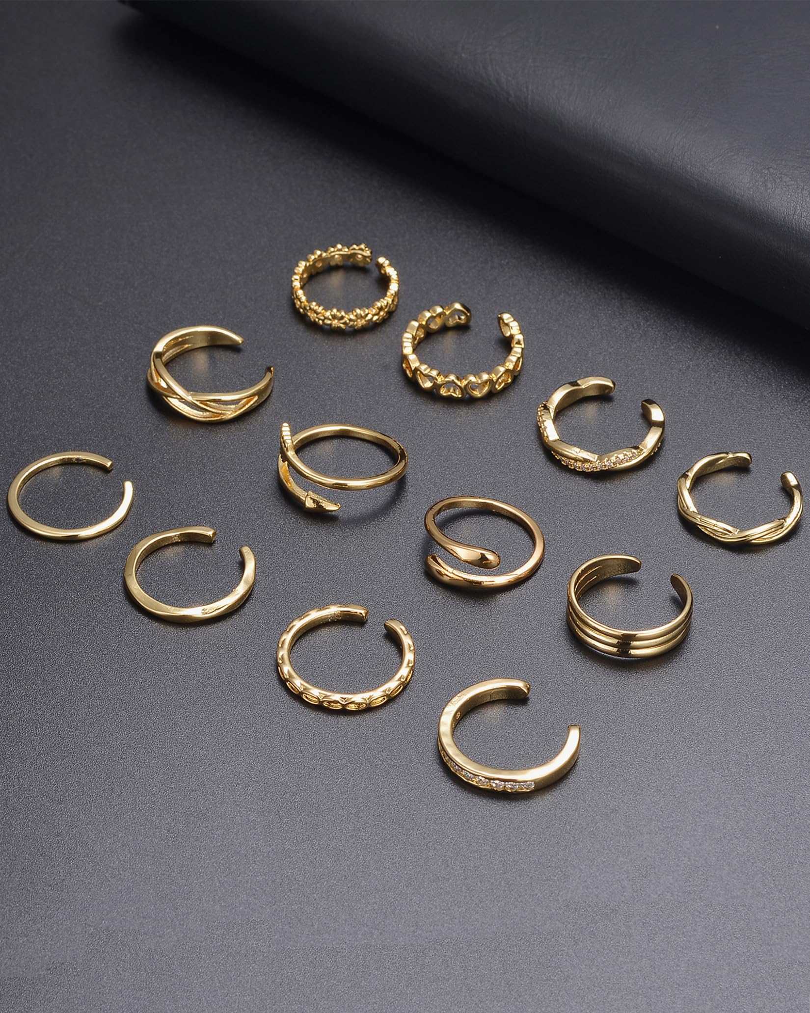 Ofeiyaa 12PCS 18k Gold Plated Open Toe Rings CZ Wave Twist Arrow Celtic Knot Heart Thin Band Ring Knuckle Finger Stacking Tail Ring Pack Beach Foot Jewelry Set For Women Adjustable