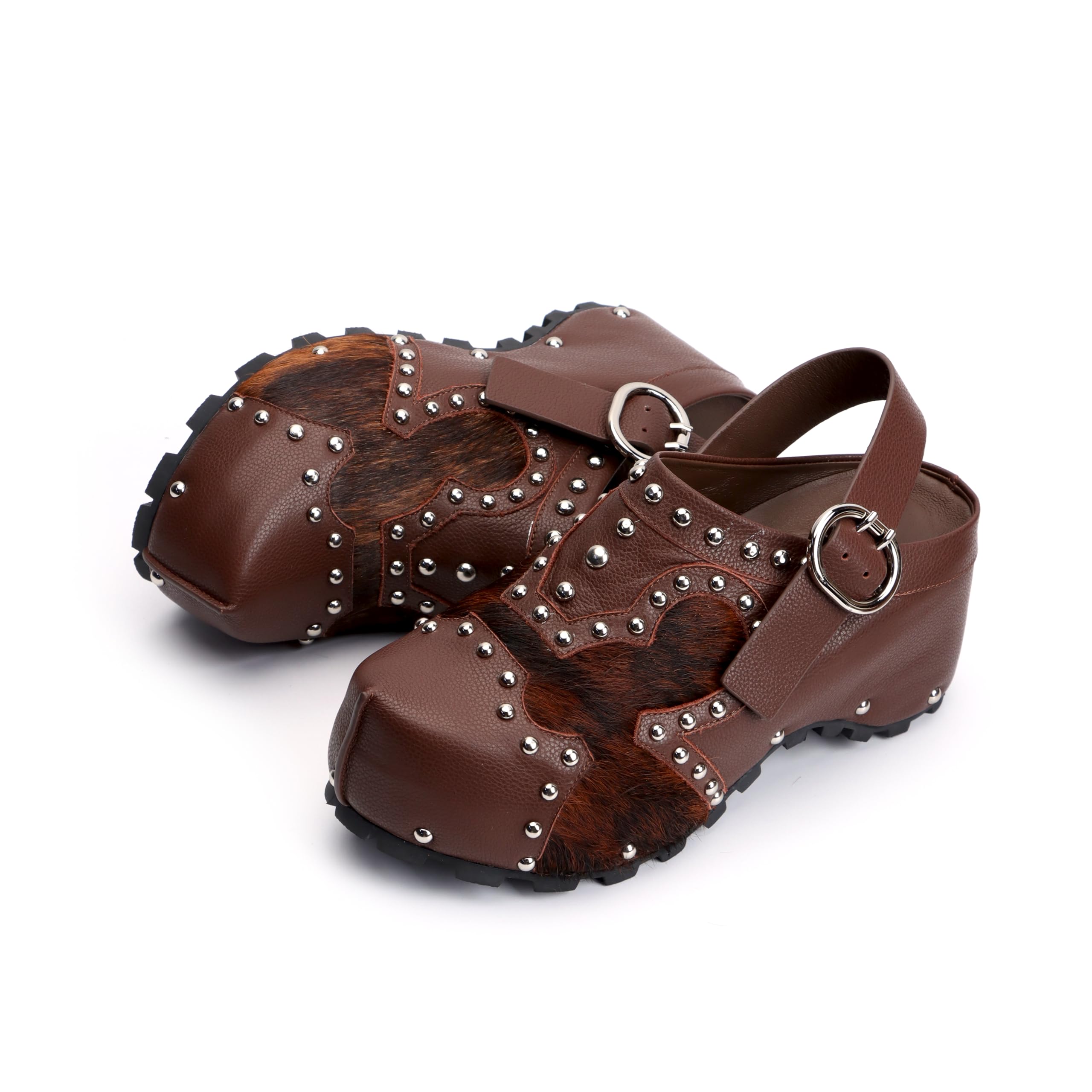 XOBZJH Platform Clogs for Women with Arch Support – Natural Calf Hair & Leather Patchwork Upper, Adjustable Strap, Leather-Lined Slip-On Mules for Flat Feet, Vintage Rivet Design