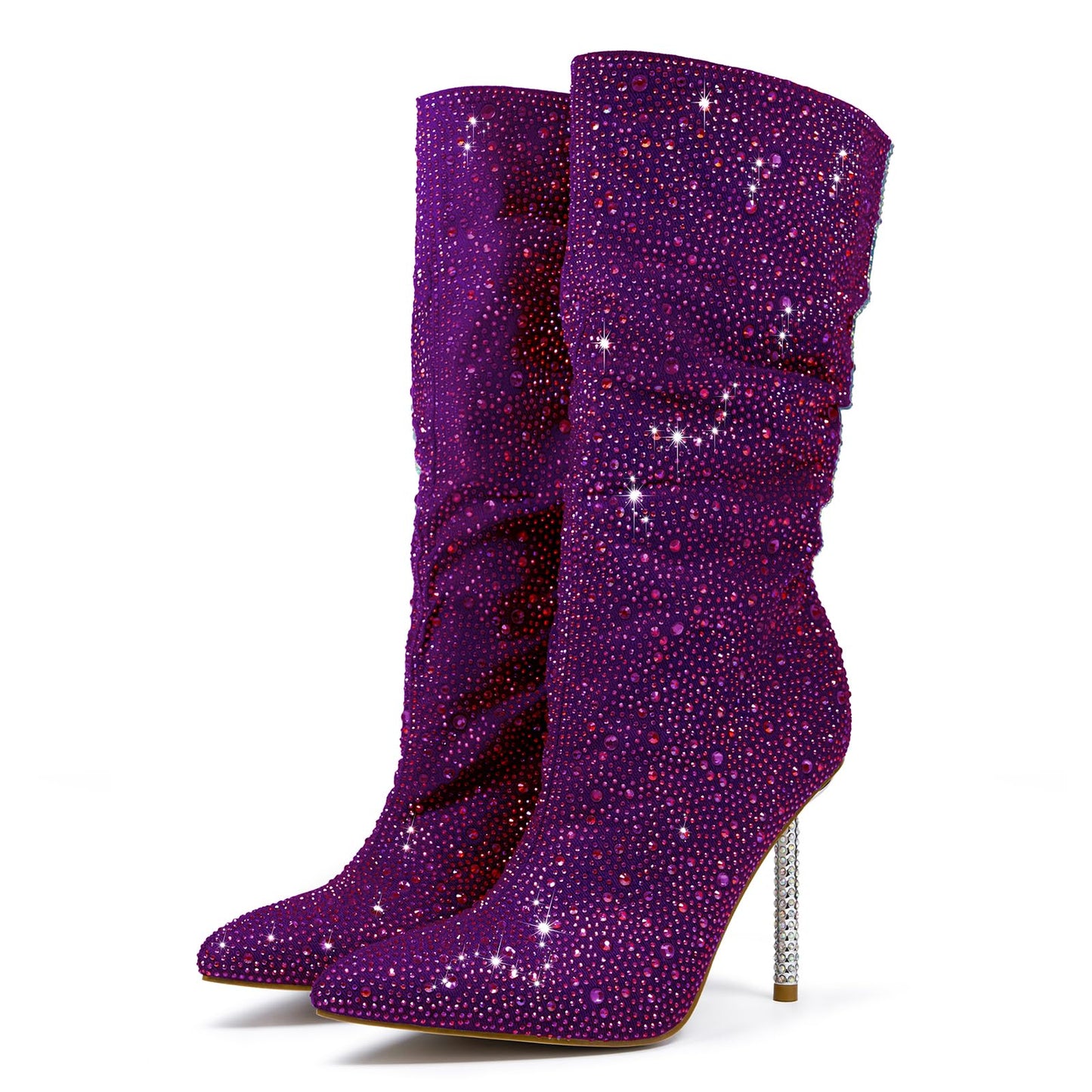 driceic Women's Purple Mid Calf Boots sparkly Rhinestone Stiletto Heel Boots Western Wide Calf Short Cowboy Boots Sexy Pointed Toe dress Party Boots