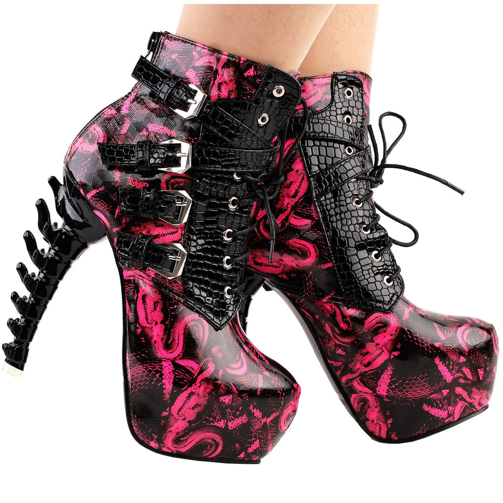SHOW STORY Hot Pink Punk Design High Heels Snake Pattern Women's High-top Bone High Heel Platform Ankle Boots,LF80648HP41,10US,Hot Pink