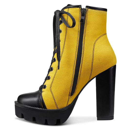 NobleOnly Women High Heel Platform Round Toe Ankle Boots Short Bootie Zipper Lace-up Riding Boots Classic Party Office 5.1 Inches Heels Yellow