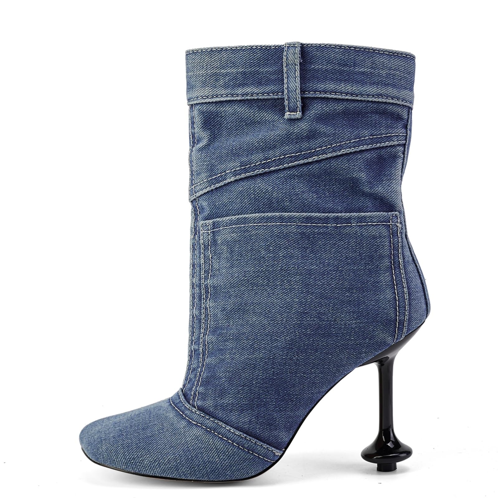 Fuazuzu Vintage Denim Stiletto High Heeled Cowboy Pockets Boots for Women, Mid Wide Calf Round Toe with Metal Button for Fashion Dress Booties,Blue 8