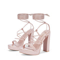 Elisabet Tang Women's Strappy Heeled Sandals, 5 inch Platform Heels Chunky Lace up High Heels Open Toe Party Shoes Nude Patent