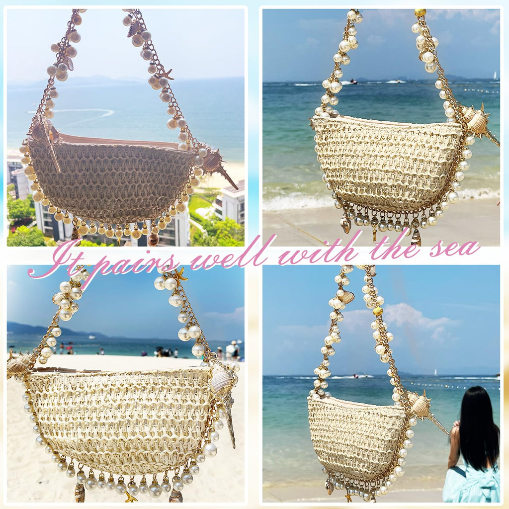 Aiermo Women Pearl Handbag Straw Purse: Woven Summer Beach Bag Vacation Clutch Purse for Wedding Party Crossbody Bag Seaside Style Carrying Bag Shoulder Handbag
