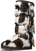 AU&MU AUMU Women Sheepskin Fur Wooden Bead String Stylish Knee High Winter Snow Boots Black