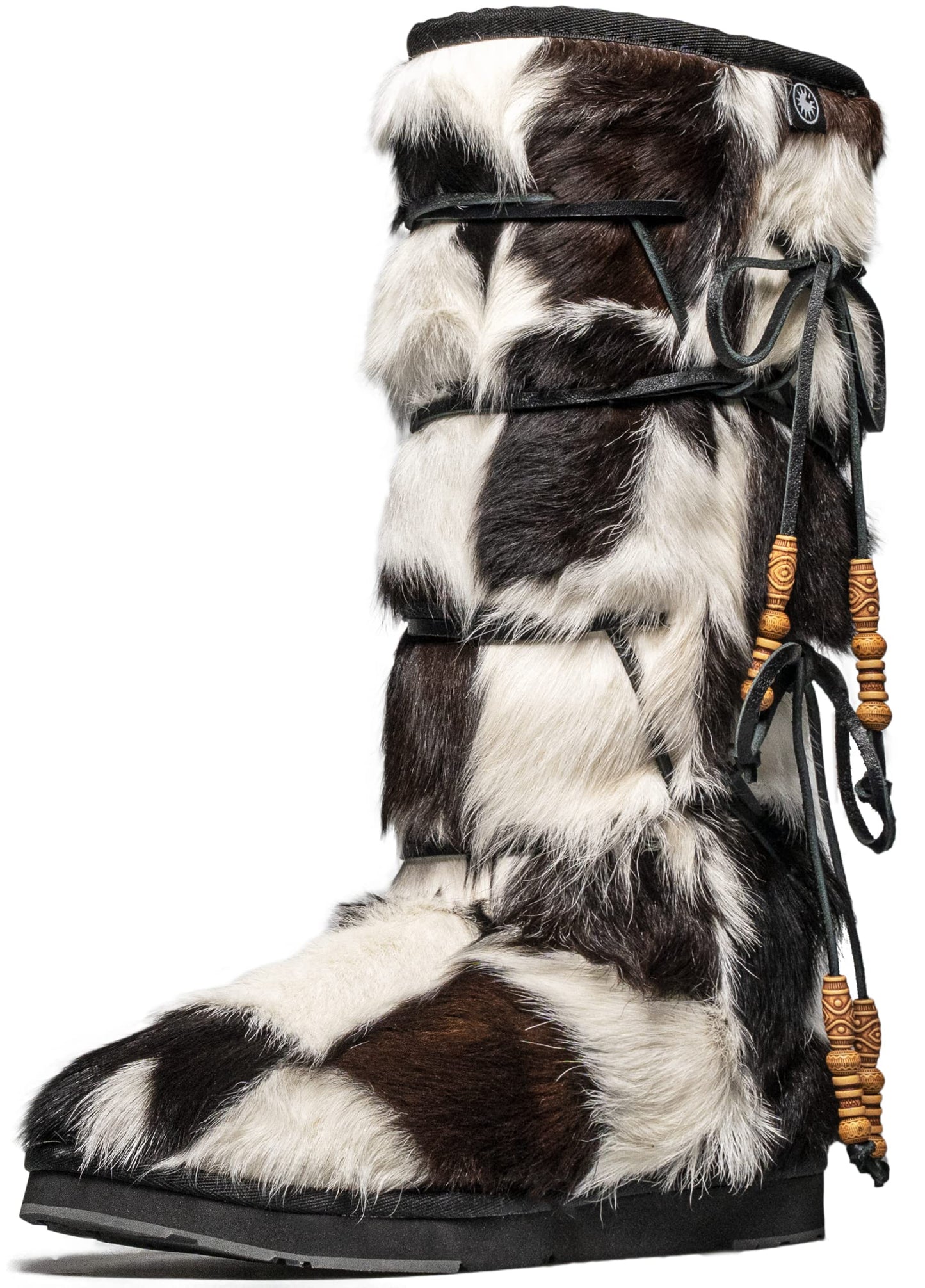 AU&MU AUMU Women Sheepskin Fur Wooden Bead String Stylish Knee High Winter Snow Boots Black