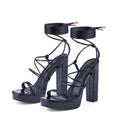 Elisabet Tang Women's Strappy Heeled Sandals, 5 inch Platform Heels Chunky Lace up High Heels Open Toe Party Shoes Black Patent