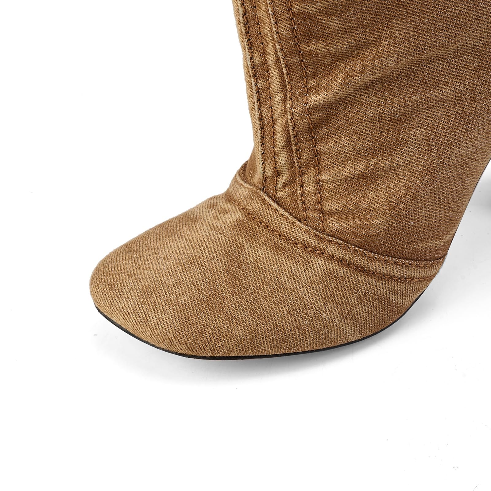 Fuazuzu Vintage Denim Stiletto High Heeled Cowboy Pockets Boots for Women, Mid Wide Calf Round Toe with Metal Button for Fashion Dress Booties, Brown 8