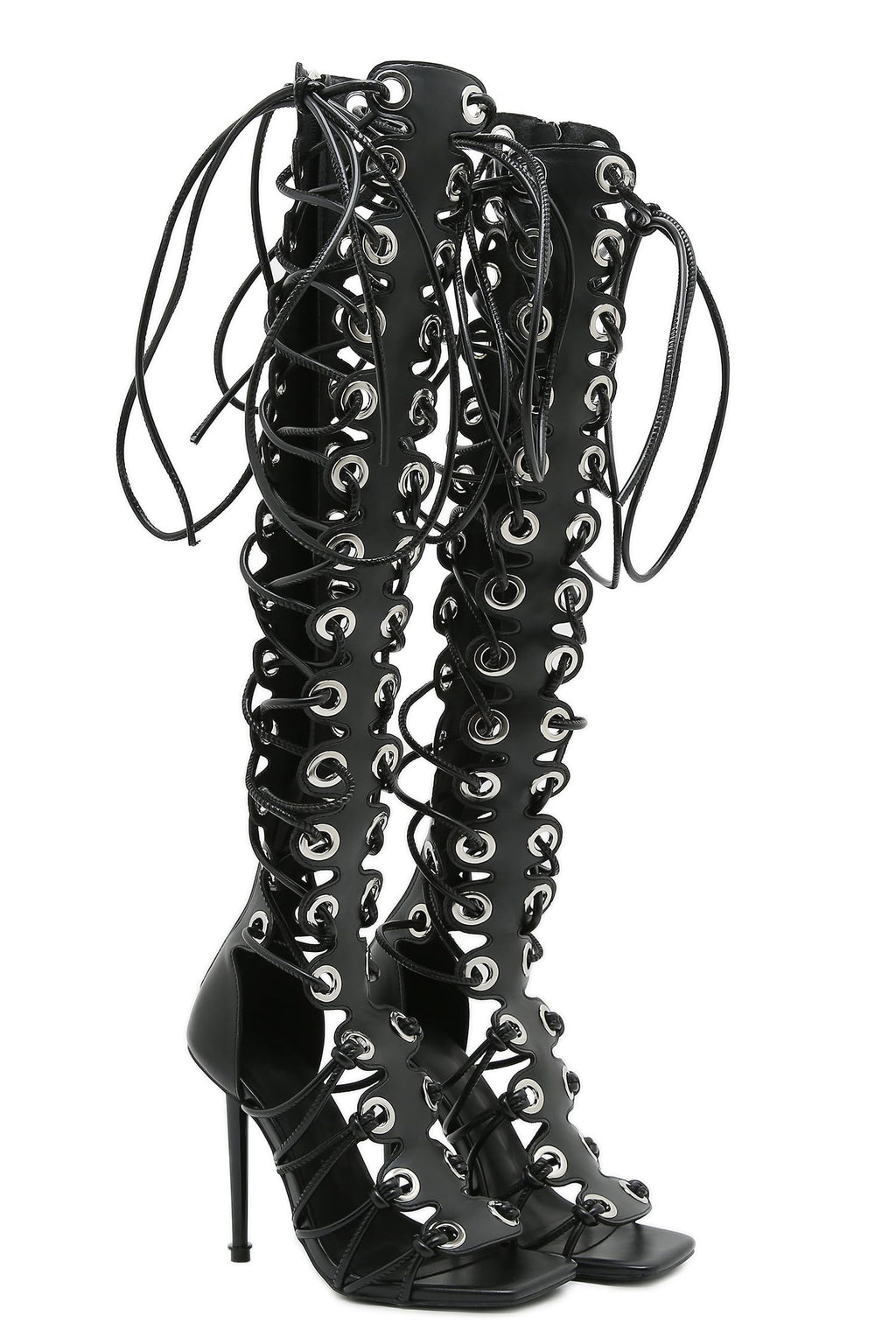 Black STUPMARY Women Peep Toe Sandals Cut-outs Cross-tied Lace Up High Heeled Gladiator Sandals Zipper Over The Knee Bootie Summer