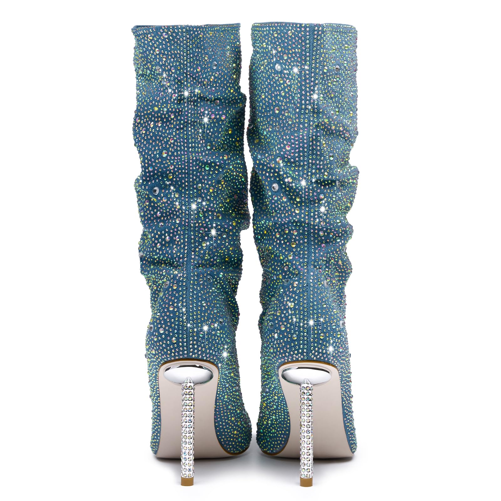 Women's Blue Denim Mid Calf Boots sparkly Rhinestone Stiletto Heel Boots Western Wide Calf Short Cowboy Boots Sexy Pointed Toe dress Party Boots