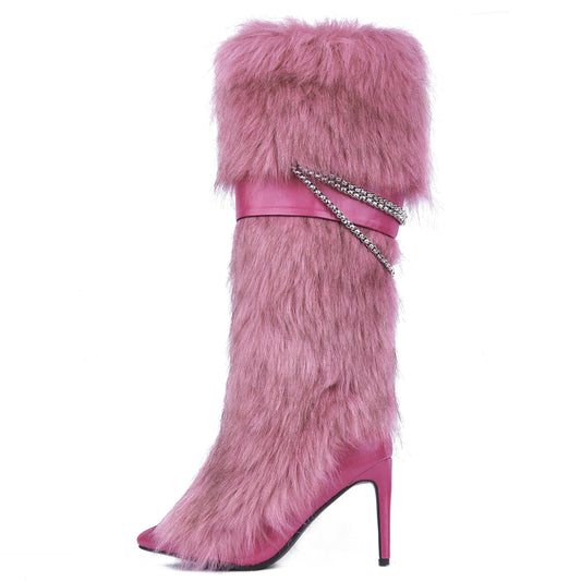 Ouwilov Women’s Pink Faux Fur High Heel Boots – Furry Heel Boots with Chain Detail Fuzzy Stiletto Heels Elegant Winter Fur Boot Heels for Parties Fashion Outfits and Cold Weather