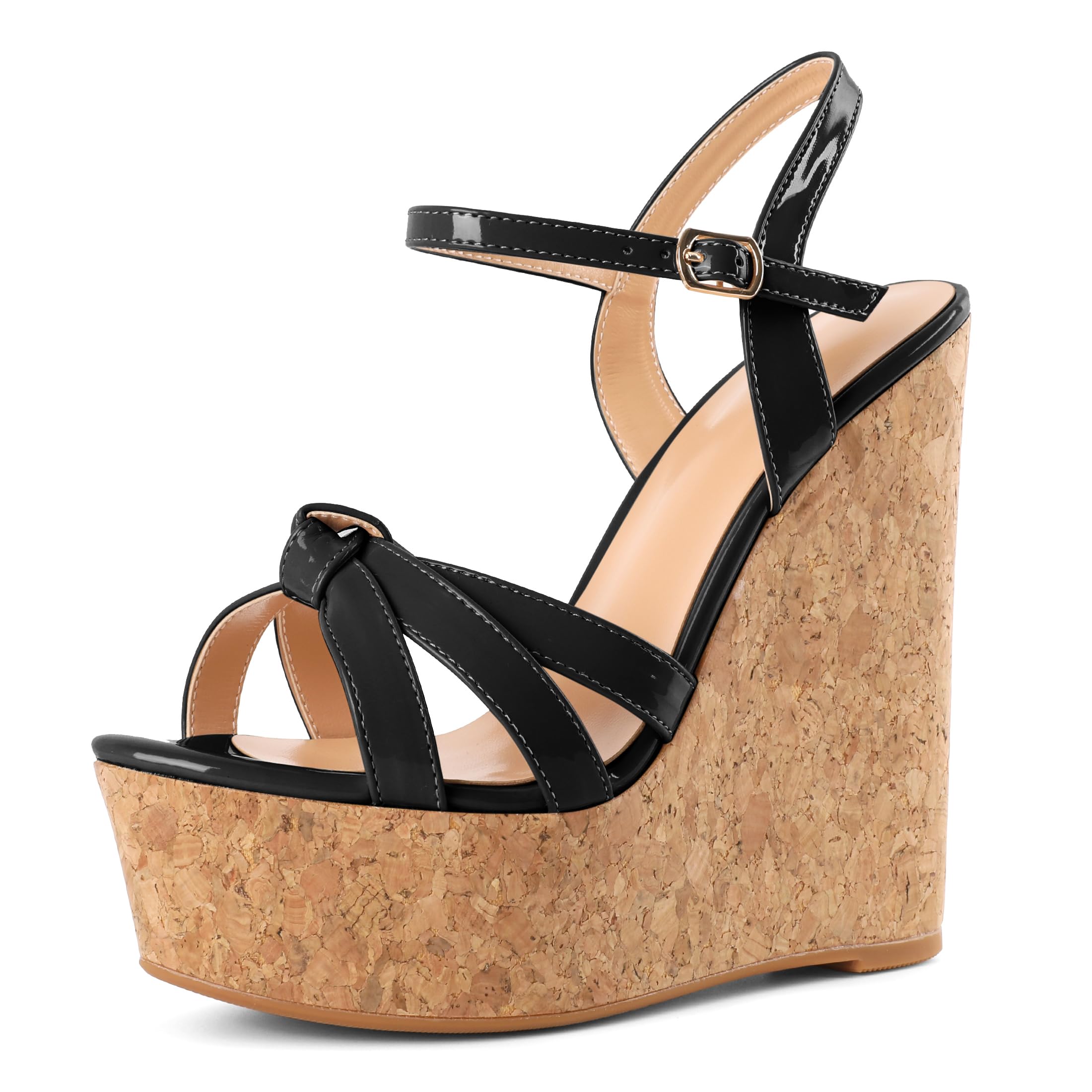 YODEKS Womens Black Wedges Heel Open Toe Sandals Cork Wedge Heel Platform Ankle Strap Fashion Summer Sandals