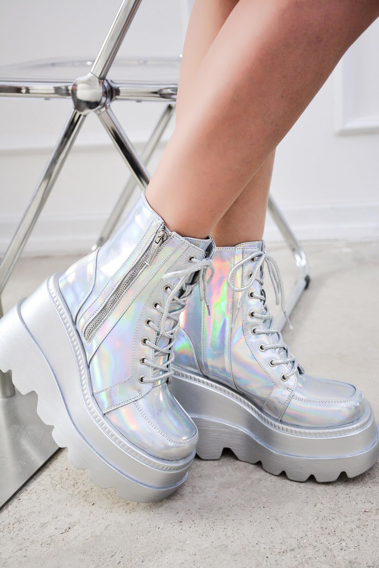 Cape Robbin Holographic Platform Ankle Boots for Women Chunky Block Heels Pointed Toe PU Leather with Buckle Strap Retro Futuristic Style (Radio) - Holographic Size 11