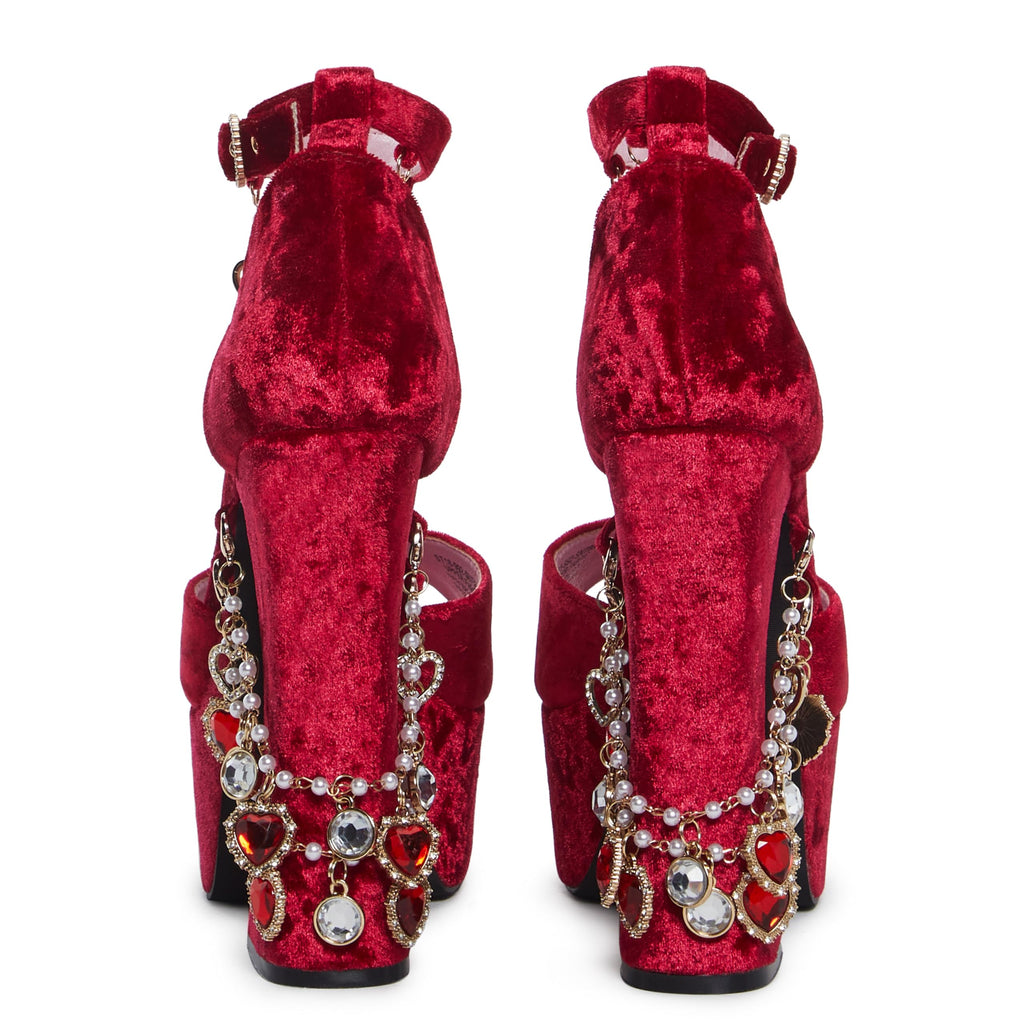Dolls Kill Holy Revelation Platform Heels by Sugar Thrillz - Crushed Velvet Holiday Heels with Charms and Pom Pom Clips - Ruby, 10