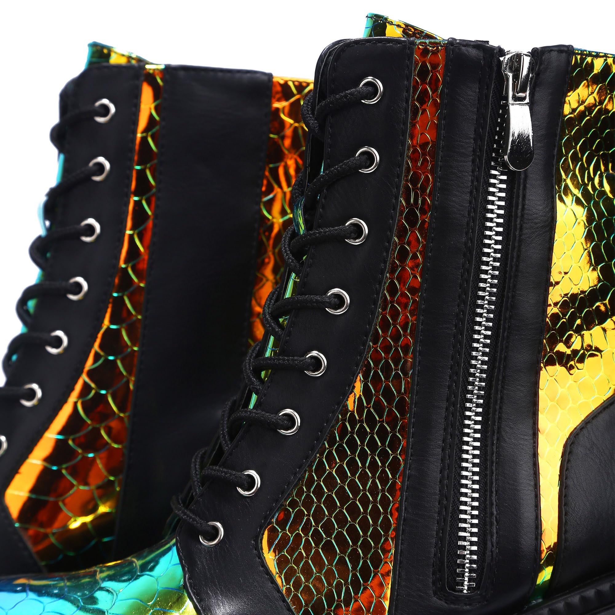 Cape Robbin Holographic Platform Ankle Boots for Women Chunky Block Heels Pointed Toe PU Leather with Buckle Strap Retro Futuristic Style (Radio) - Black Size 10
