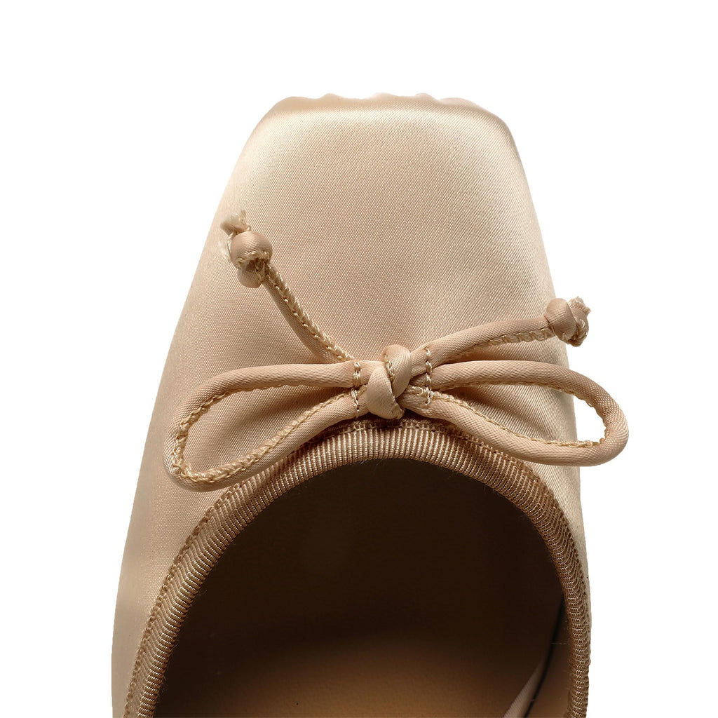 Riekhany Satin Ballet Heels for Women Closed Square Toe Bow Ballerina Heels Lace Up High Heel Slingback Pumps Strappy Stiletto Mary Janes Elegant Party Shoes Nude