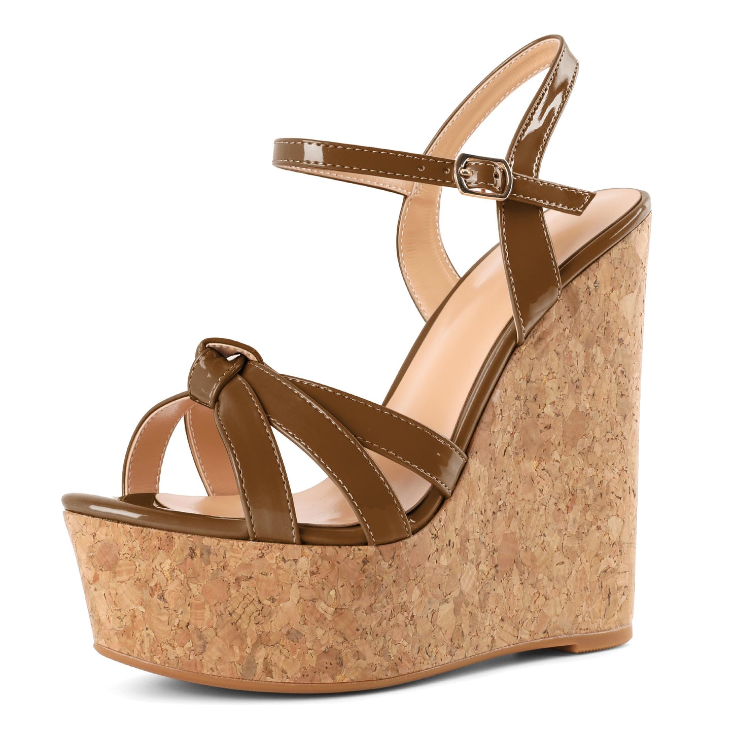 YODEKS Wedge Platform Sandals for Women High Heel Open Round Toe Wooden Heels Dress Shoes Patent Brown US 9.5