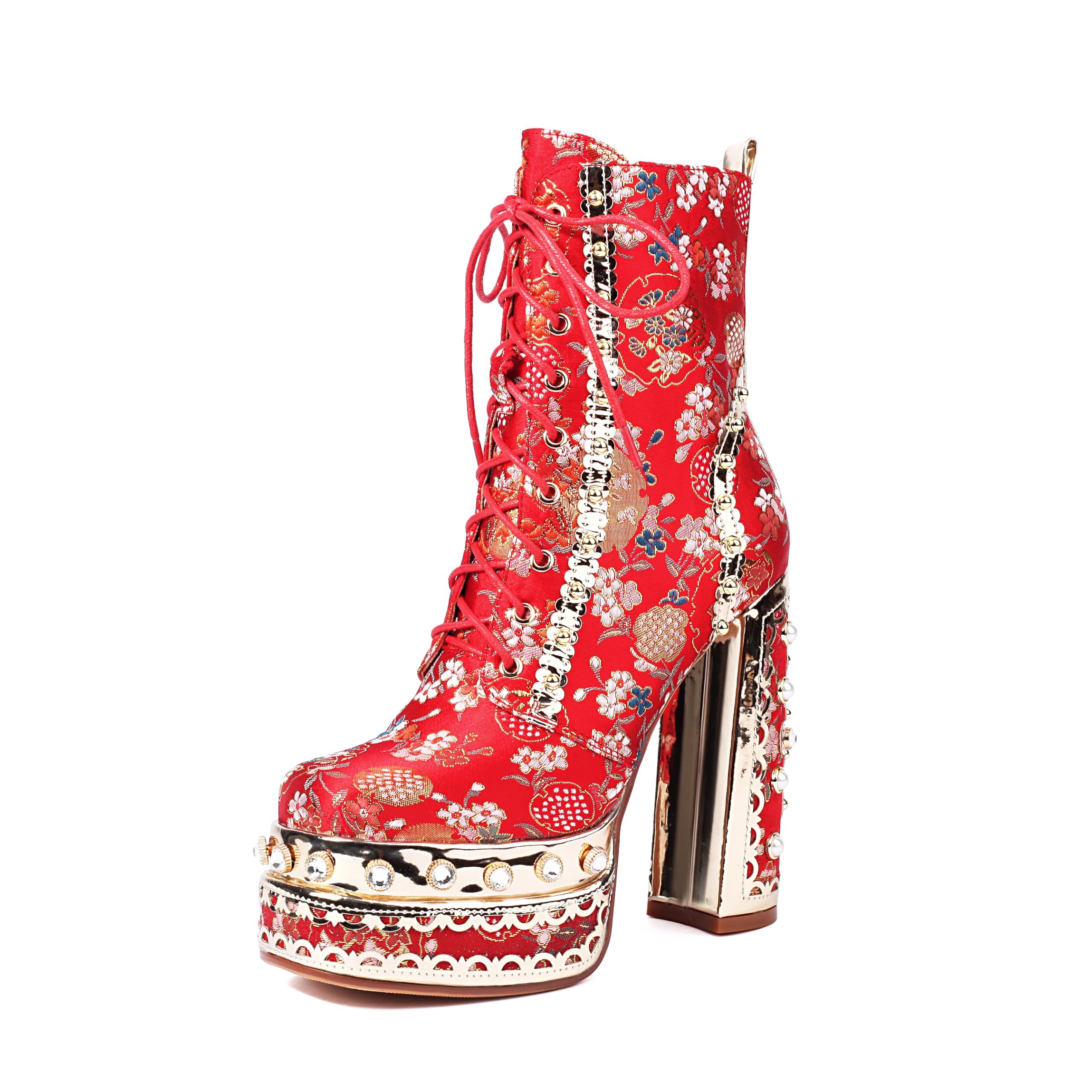 Red Feinlina Embroidered Fabric Gemstones Platform Chunky Ankle Boot