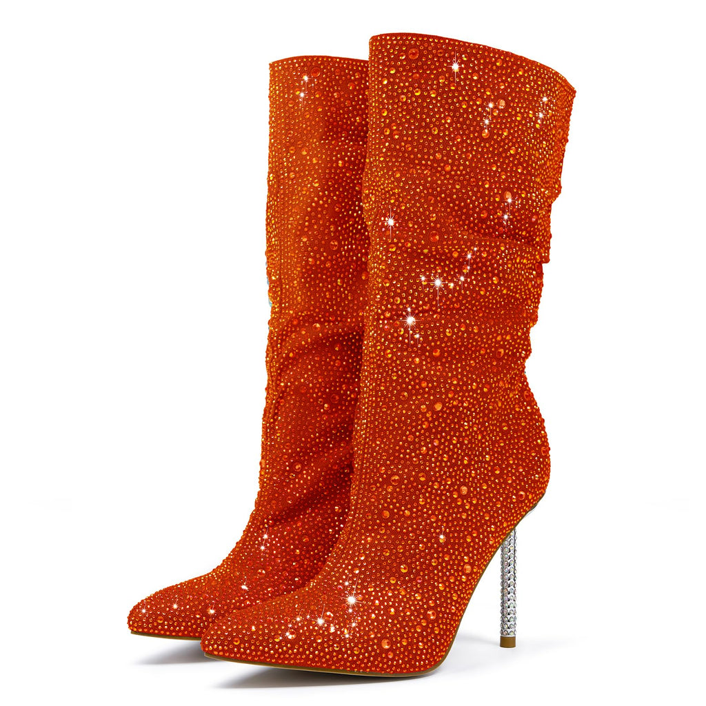 Women's Orange Denim Mid Calf Boots sparkly Rhinestone Stiletto Heel Boots Western Wide Calf Short Cowboy Boots Sexy Pointed Toe dress Party Boots