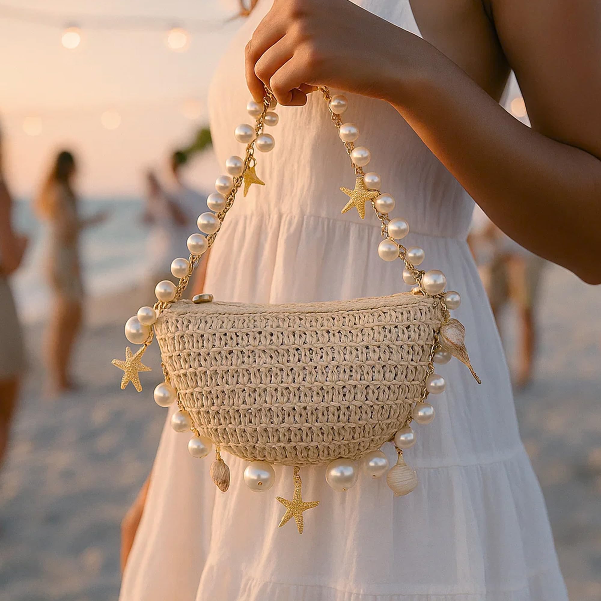 Aiermo Women Pearl Handbag Straw Purse: Woven Summer Beach Bag Vacation Clutch Purse for Wedding Party Crossbody Bag Seaside Style Carrying Bag Shoulder Handbag