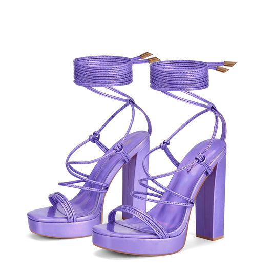 Elisabet Tang Women's Strappy Heeled Sandals, 5 inch Platform Heels Chunky Lace up High Heels Open Toe Party Shoes Purple Holographic Size 10
