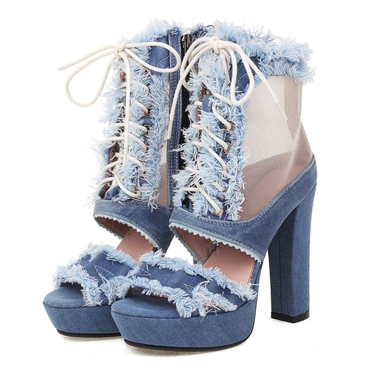 SaraIris Denim Sandals for Women Summer Peep Toe Blue Cut Out Zip Lace-up Chunky High Heels Heeled Sandals