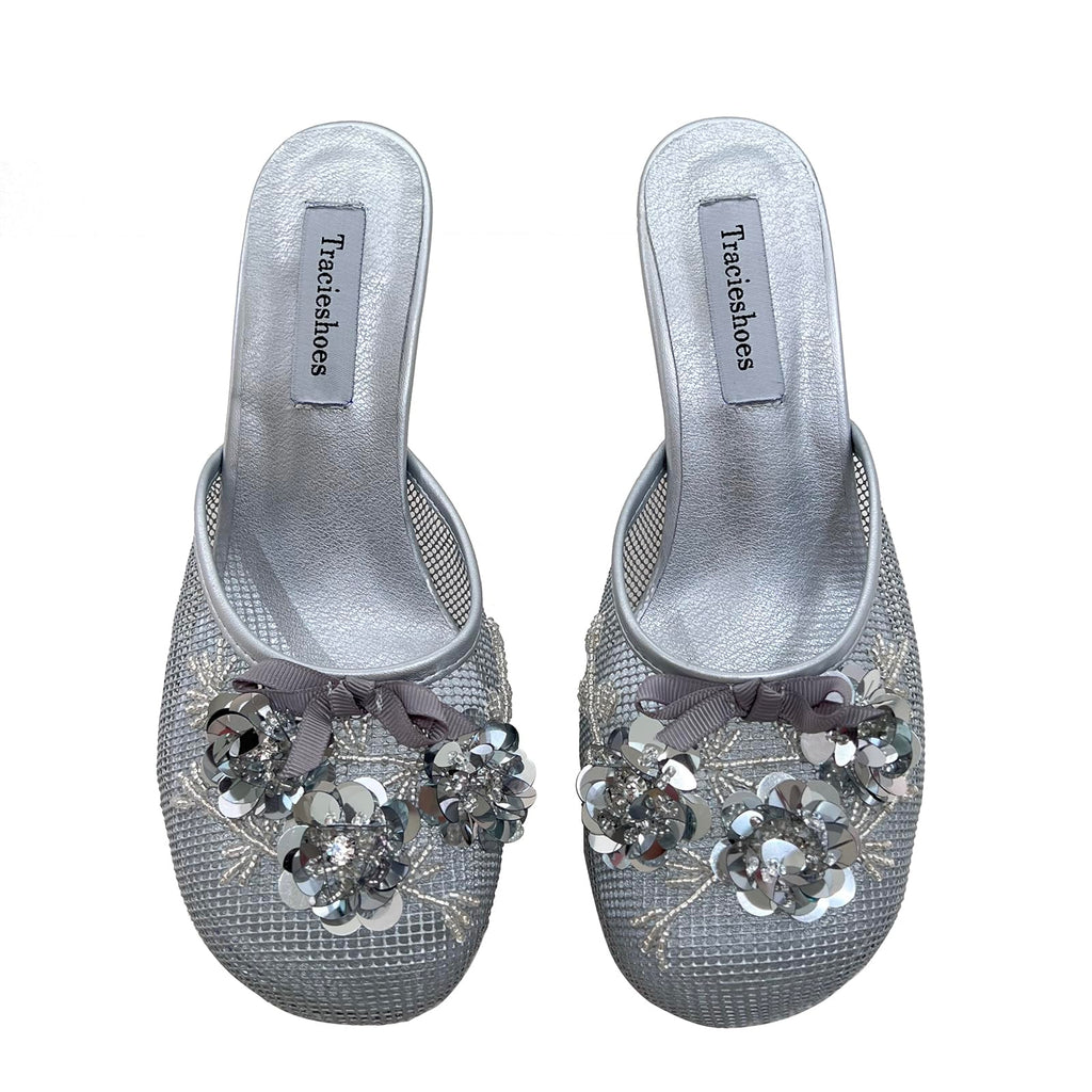 Tracieshoes Women's Mesh Mule Slip On Sandals With Floral Sequin Embellishments Round Toe Middle 2.5 Inch Heel Slides Slippers Silver