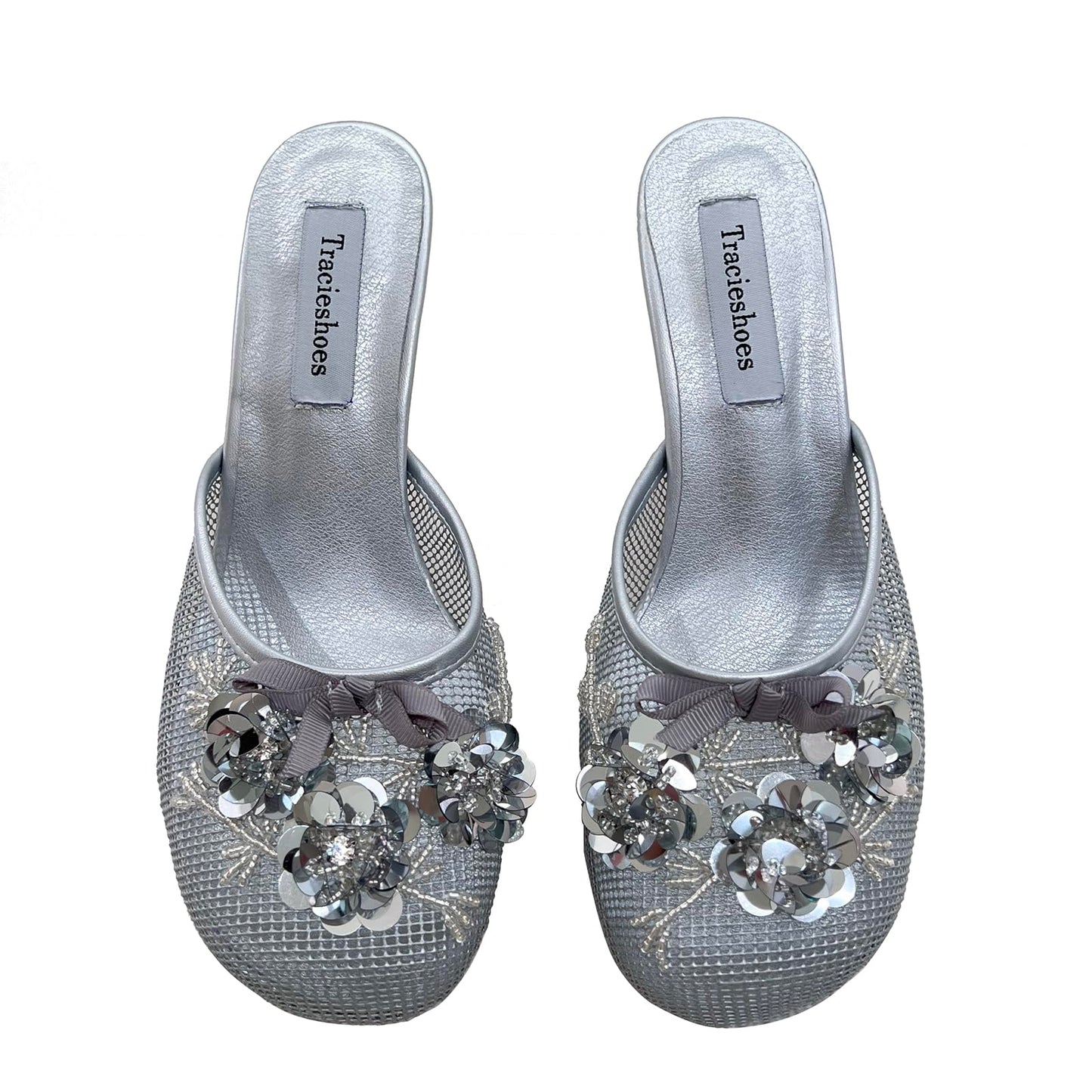 Tracieshoes Women's Mesh Mule Slip On Sandals With Floral Sequin Embellishments Round Toe Middle 2.5 Inch Heel Slides Slippers Silver