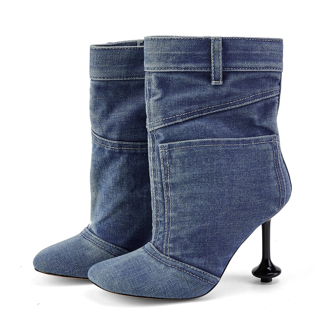 Fuazuzu Vintage Denim Stiletto High Heeled Cowboy Pockets Boots for Women, Mid Wide Calf Round Toe with Metal Button for Fashion Dress Booties,Blue 8