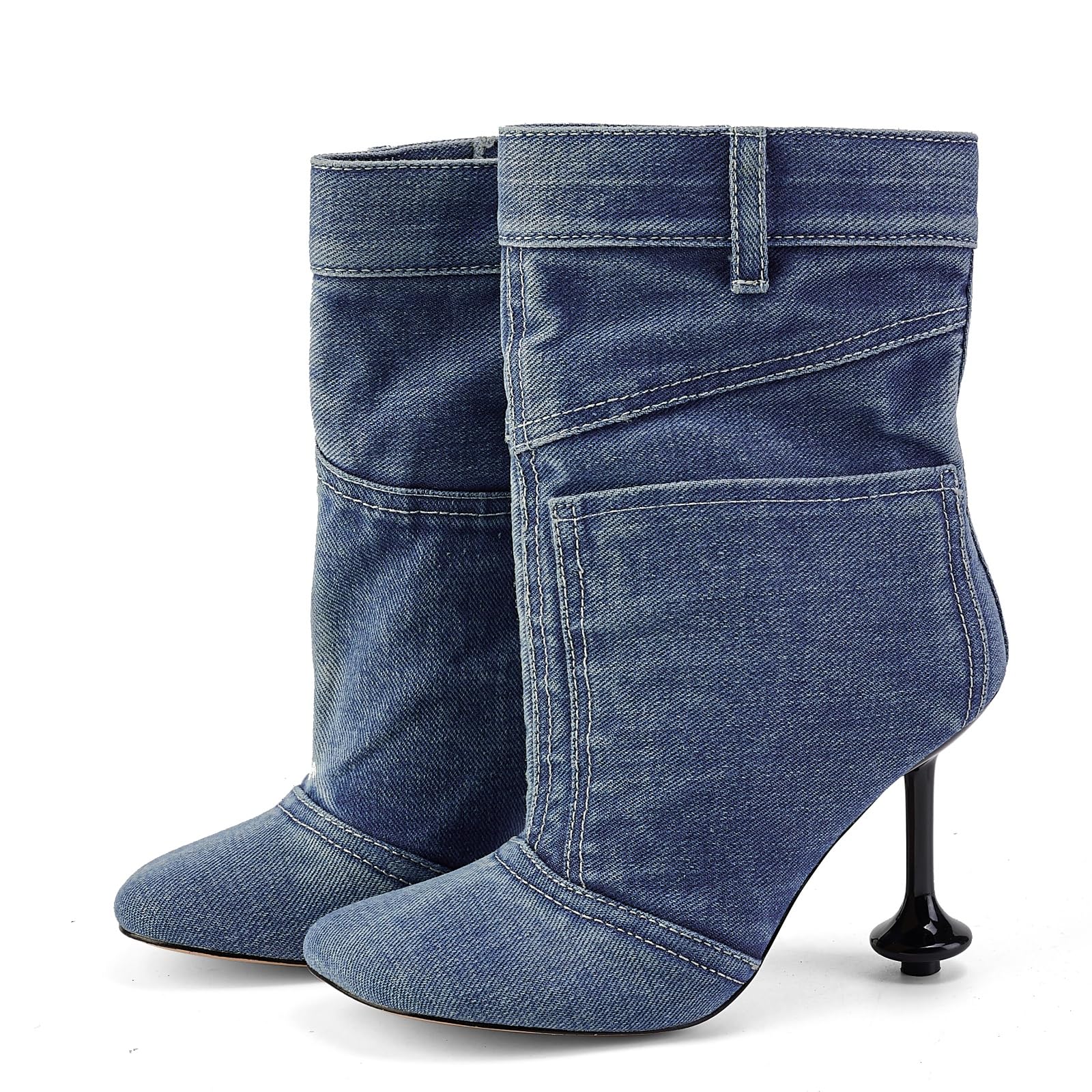 Fuazuzu Vintage Denim Stiletto High Heeled Cowboy Pockets Boots for Women, Mid Wide Calf Round Toe with Metal Button for Fashion Dress Booties,Blue 8