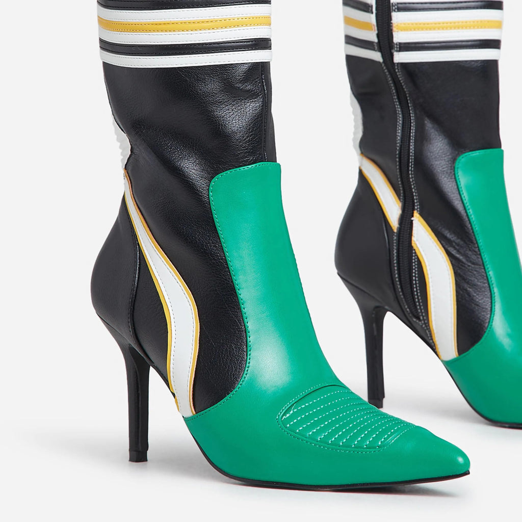 LEMONADE Womens Endeavor Motocross Detail Pointed Toe Stiletto Heel Mid Calf Boot (Green, US Footwear Size System, Adult, Women, Numeric