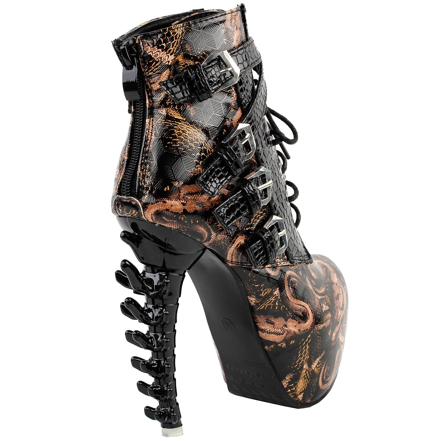 SHOW STORY Black Punk Design High Heels Brown Snake Pattern Women's High-top Bone High Heel Platform Ankle Boots,
