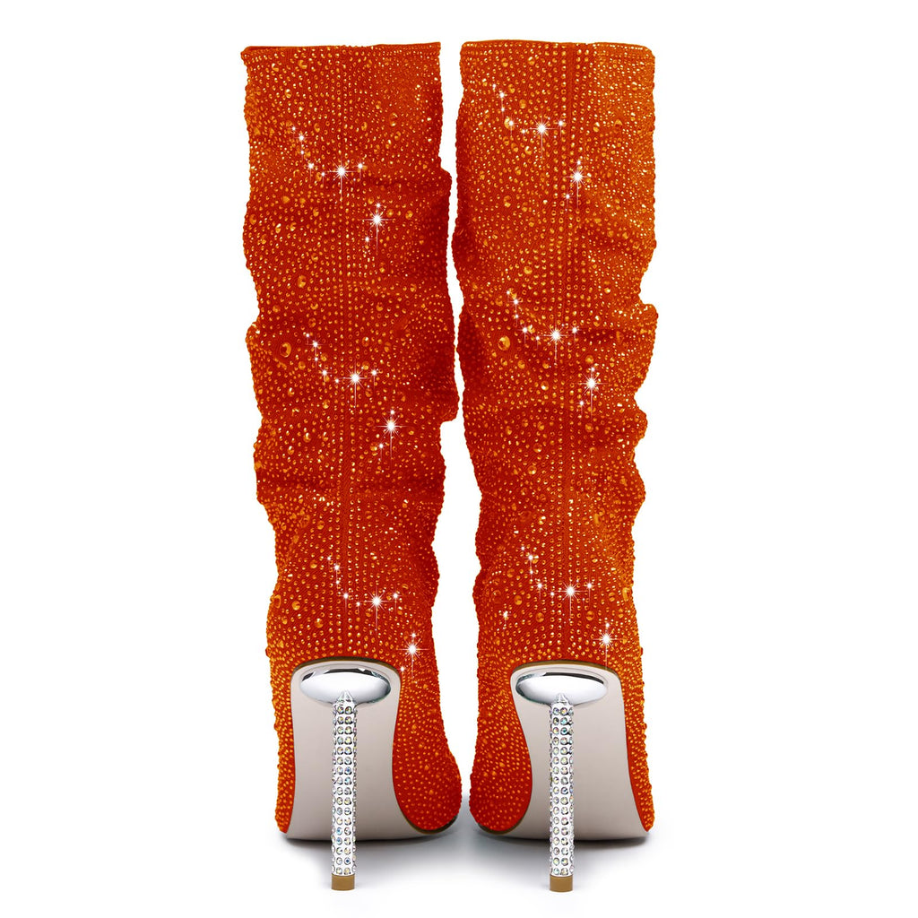 Women's Orange Denim Mid Calf Boots sparkly Rhinestone Stiletto Heel Boots Western Wide Calf Short Cowboy Boots Sexy Pointed Toe dress Party Boots