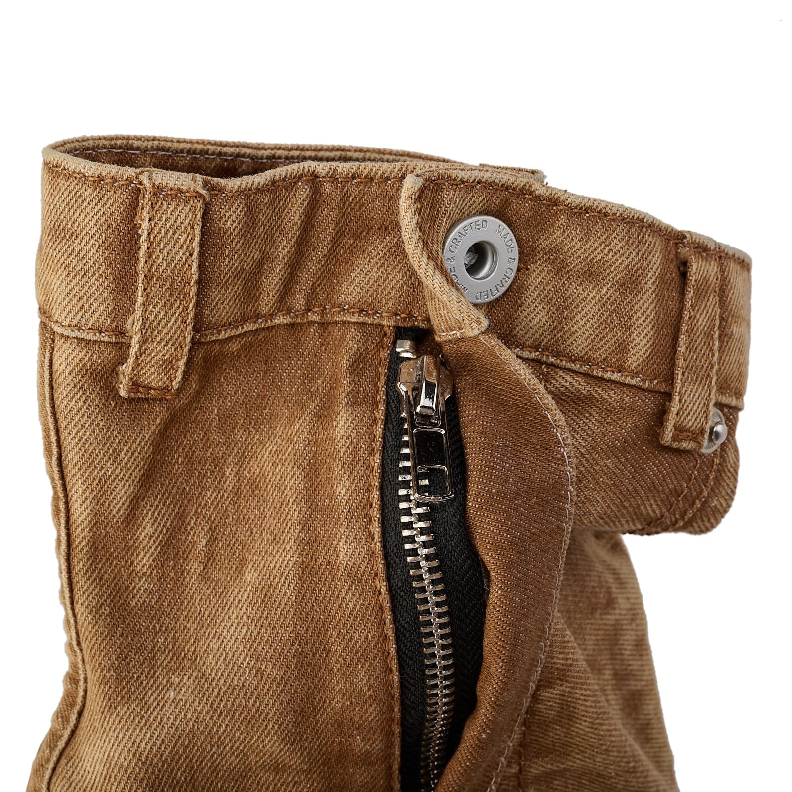 Fuazuzu Vintage Denim Stiletto High Heeled Cowboy Pockets Boots for Women, Mid Wide Calf Round Toe with Metal Button for Fashion Dress Booties, Brown 8