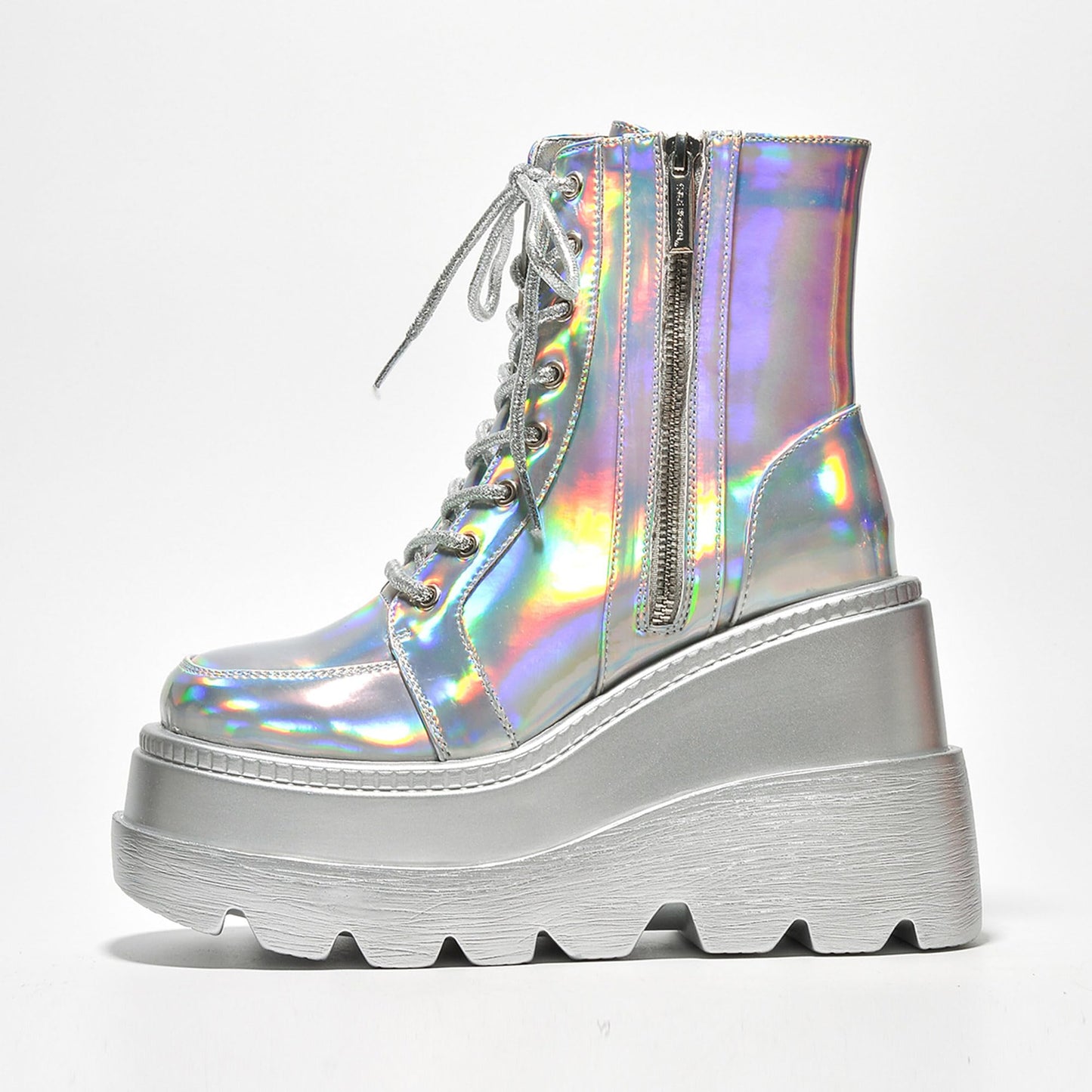 Cape Robbin Holographic Platform Ankle Boots for Women Chunky Block Heels Pointed Toe PU Leather with Buckle Strap Retro Futuristic Style (Radio) - Holographic Size 11