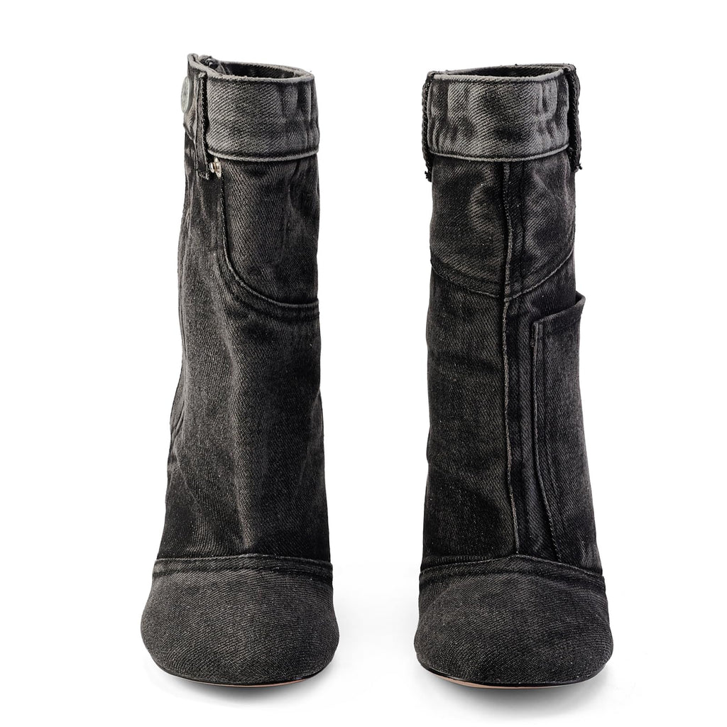 Fuazuzu Vintage Denim Stiletto High Heeled Cowboy Pockets Boots for Women, Mid Wide Calf Round Toe with Metal Button for Fashion Dress Booties,Black 8