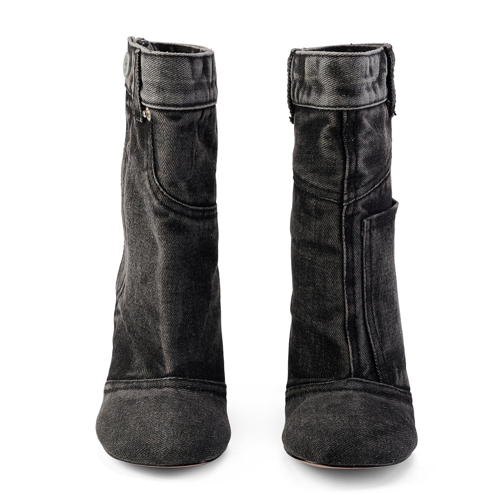 Fuazuzu Vintage Denim Stiletto High Heeled Cowboy Pockets Boots for Women, Mid Wide Calf Round Toe with Metal Button for Fashion Dress Booties,Black 8