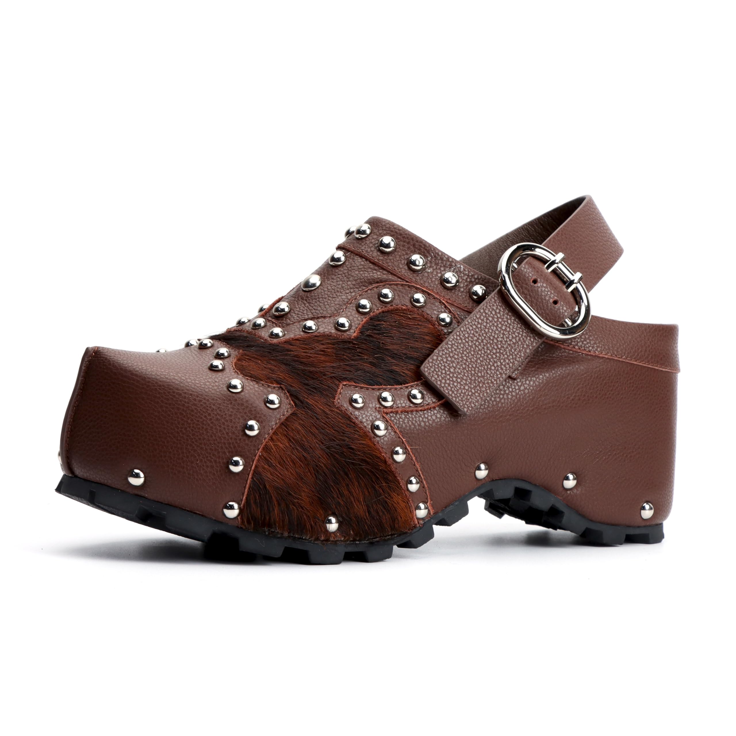 XOBZJH Platform Clogs for Women with Arch Support – Natural Calf Hair & Leather Patchwork Upper, Adjustable Strap, Leather-Lined Slip-On Mules for Flat Feet, Vintage Rivet Design