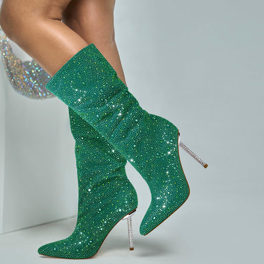 driceic Women's Green Mid Calf Boots sparkly Rhinestone Stiletto Heel Boots Western Wide Calf Short Cowboy Boots Sexy Pointed Toe dress Party Boots