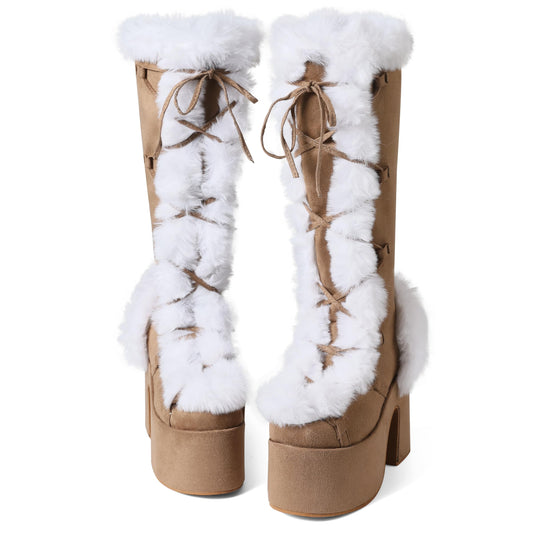 Accloris Beige Platform Knee High Boots For Womens Warm Faux Fur Lace Up Side Zipper Chunky Heel Punk Goth Winter Snow Mid Calf Boots Size8.5